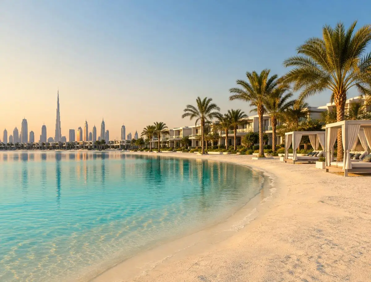 Malibu Beach lagoon with white sand and palm trees at DAMAC Hills 2, Dubai