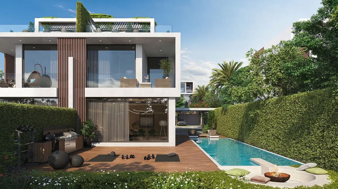 Private garden with swimming pool and outdoor kitchen, Park Greens 3 villa, DAMAC Hills 2