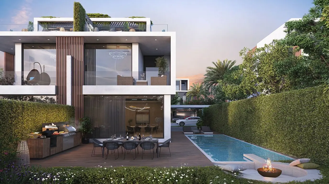 Outdoor dining terrace and pool of a twin villa in Park Greens 3, DAMAC Hills 2