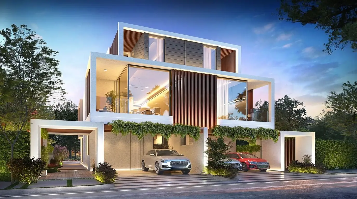 Twin villa front façade with two parking spaces in DAMAC Hills 2, Dubai